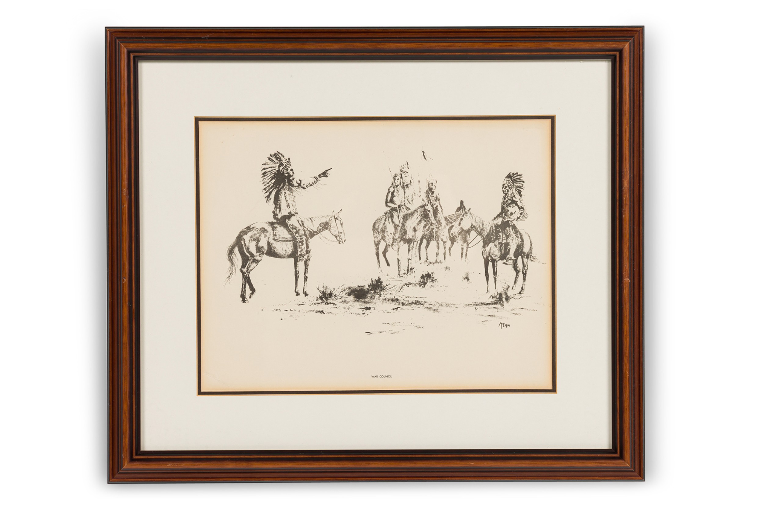 American country framed print of 5 native americans chiefs titled war council